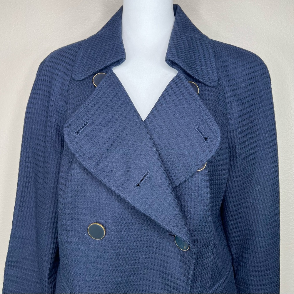 Talbots Navy Blue 100% Cotton Waffle Weave Classic Double-Breasted Jacket - Picture 3 of 11